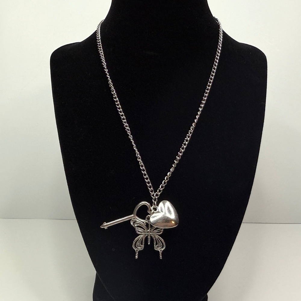 Charm Pendant Necklace Silver Tone Heart Butterfly Key Fashion Jewelry 10 in L